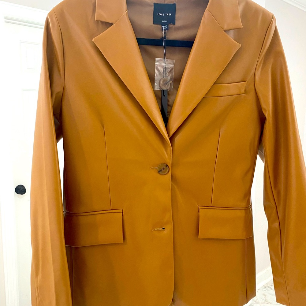 New Love Tree cognac faux leather blazer- S